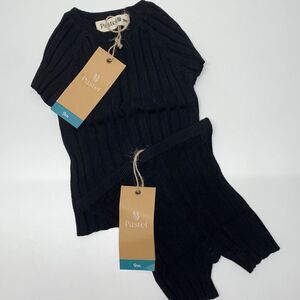 pastel plated ribbed knit raglan short sleeve set  kids girls sz 9M black New